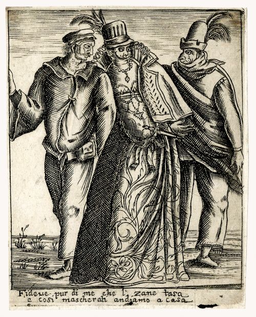 Etching by Francesco Bertelli: Sailor with his servant? - Il Carnevale Italiano Mascherato - etching (1642)