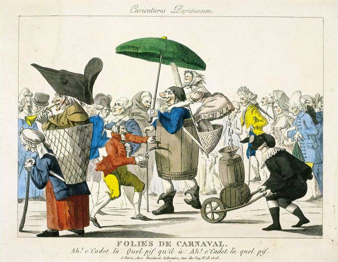 Anonymous artist: "Folies de Carnaval" colored engraving (18th - 19th century)