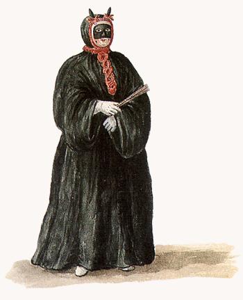 Watercolor by Giovanni Grevembroch: "Donna vestita da spirito folletto"
