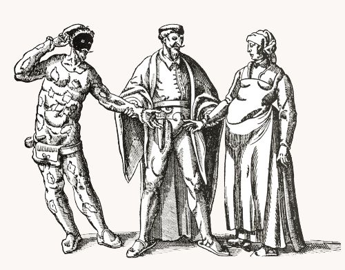 Engraving - Arlecchino, Pantalone and Franceschina - from "Recueil Fossard"
