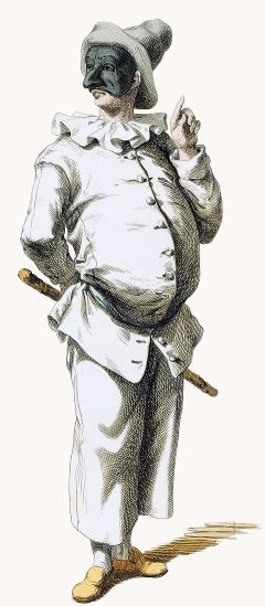 Color illustration by Maurice Sand: Pulcinella in one of his earlier costumes - year 1700