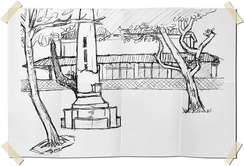 Graphite drawing - Monument and trees in Leme - Rio de Janeiro, Brazil