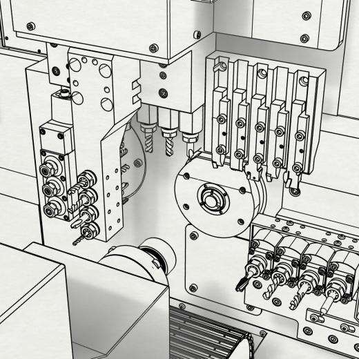 Non-realistic rendering of automatic swiss type lathe working area