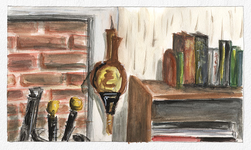 Watercolor and white gouache painting - The closed fireplace