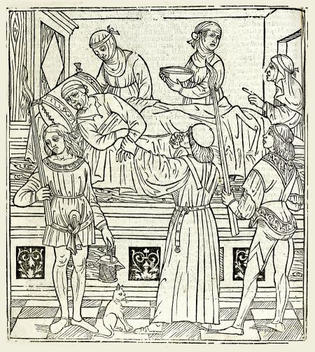 Anonymous Artist certainly  close to the school of Bellini: Plague  doctor visiting a plague-infected patient - oodcut (15th century) - Museo Correr, Venezia