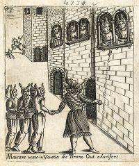 Pietro Bertelli: Mascare usate in Venetia che Tirano Ovi odoriferi (Masks used in Venice who throw scented eggs) - etching (1642) - Museo Correr, Venezia