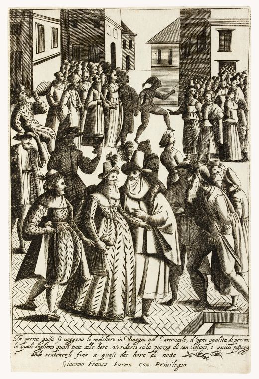 Engraving by Giacomo Franco: "Liston di maschere in Campo S.Stefano" - 1610