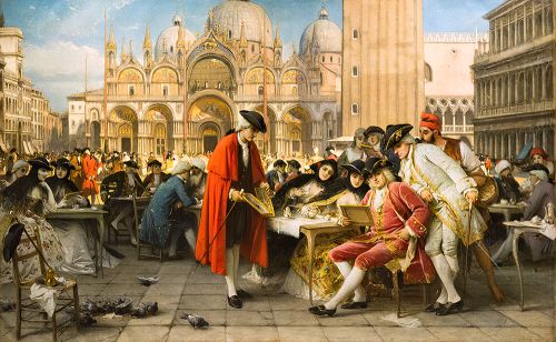 Giuseppe Bertini: "Francesco Guardi selling paintings in Saint Mark's Square" - oil on canvas (19th century) - Milano, Castello Sforzesco Civiche Raccolte D'Arte Pinacoteca