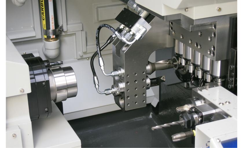 Inside view of a Swiss Type automatic lathe