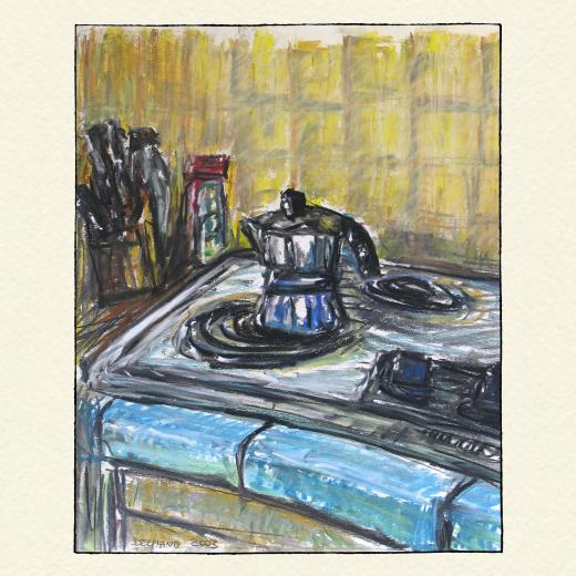 Coffe machine on stove - color drawing