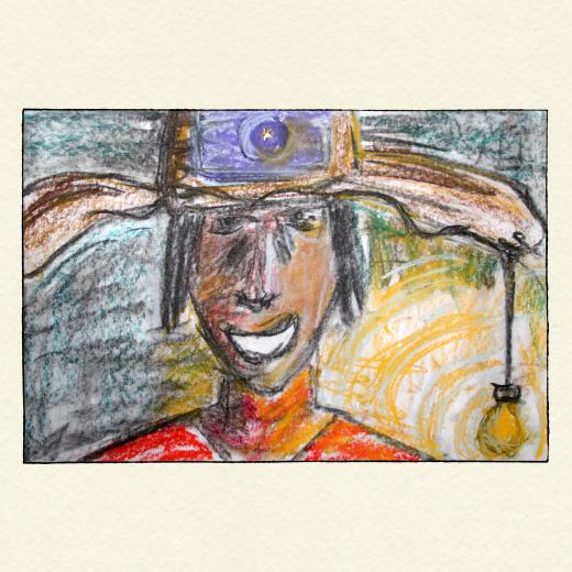 Self portrait with hat and hanging lamp