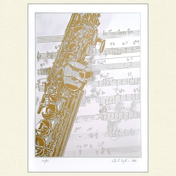Screenprint of saxophone on music sheet