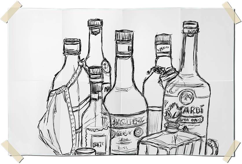 Graphite drawing - cirurgical mask on liquor bottles