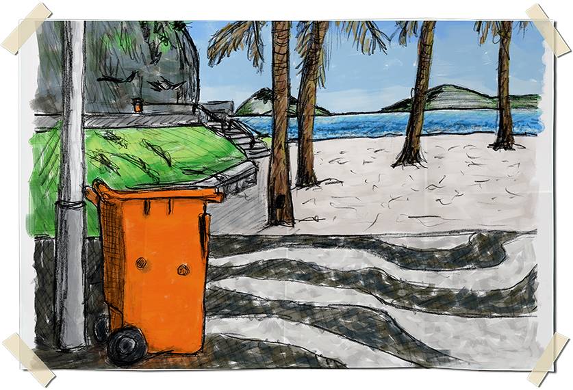 Digitally colored graphite drawing - Beach view in Leme - Rio de Janeiro, Brazil