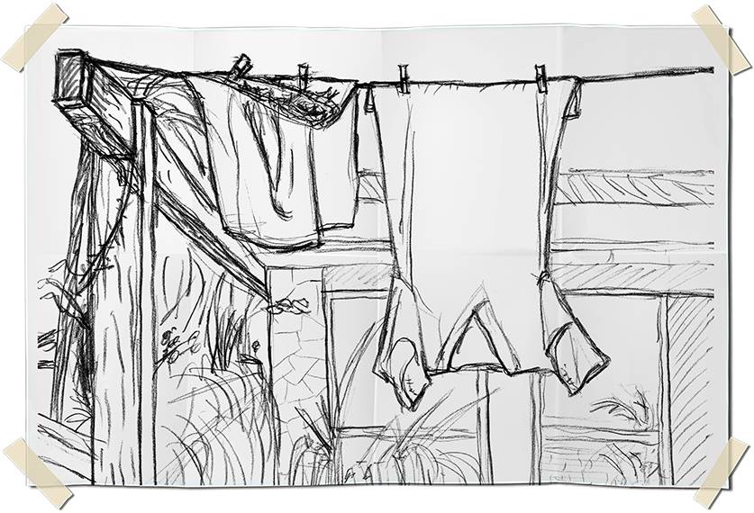 Graphite drawing - drying clothes on a terrace