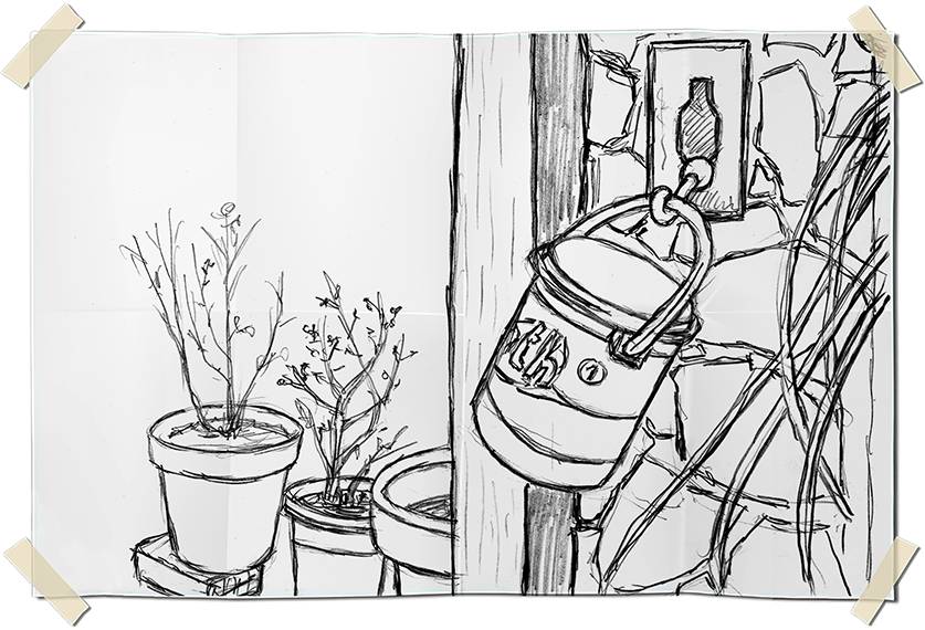 Graphite drawing - clothespins can and flowerpots