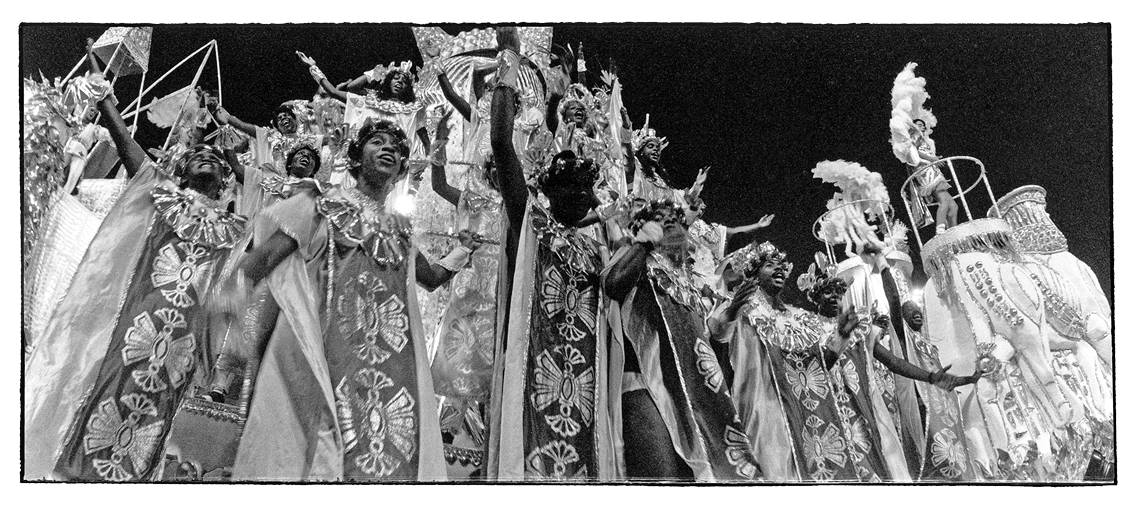 Participants of the parade on a float in Rio Sambodrome