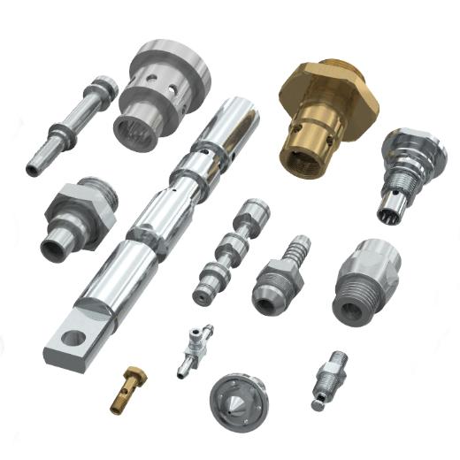 Group of mechanical parts in steel and brass