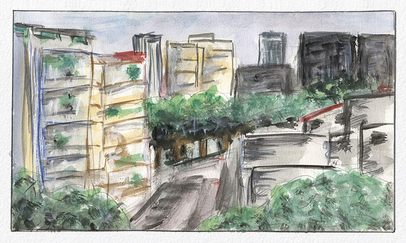 Watercolor and white gouache painting - Gavea: tardinha